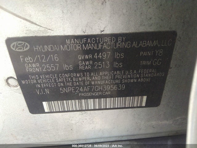 Hyundai Sonata 2.4l 2016 5NPE24AF7GH395639 Image 9