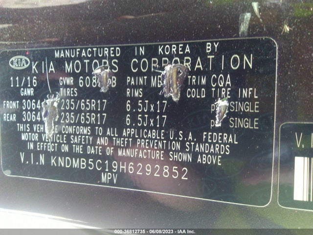 2017 KIA SEDONA LX VIN: KNDMB5C19H6292852