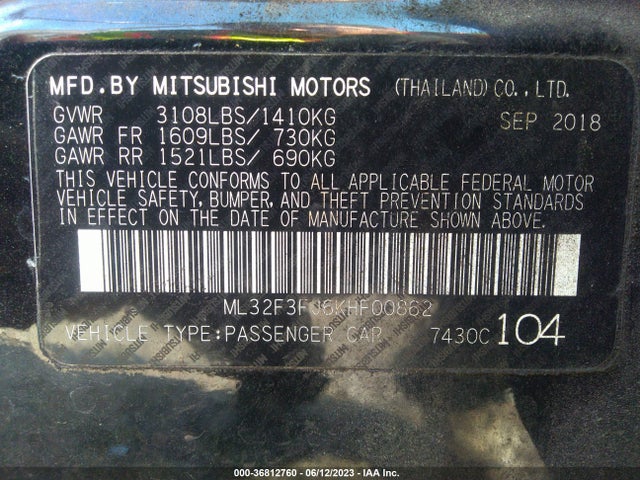 2019 MITSUBISHI MIRAGE G4 ES/RF VIN: ML32F3FJ6KHF00862