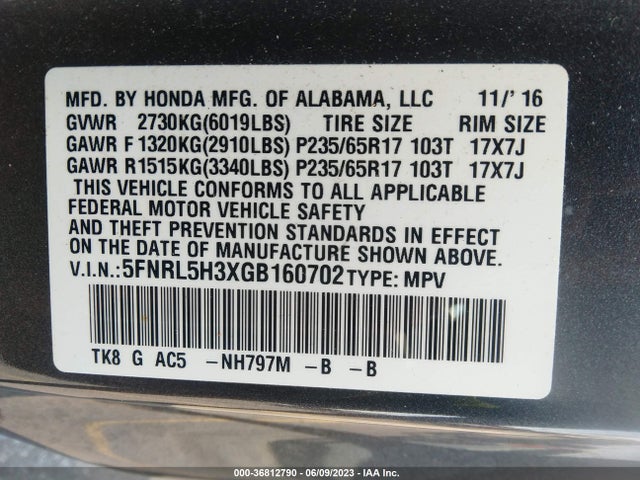 Honda ODYSSEY SE 2016 5FNRL5H3XGB160702 Image 9