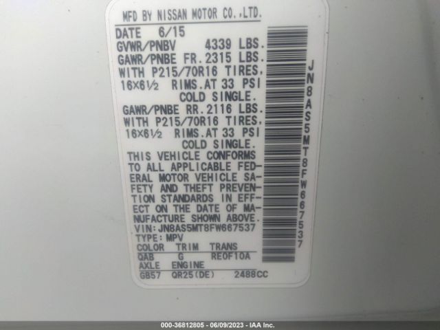 JN8AS5MT8FW667537 Nissan Rogue Select S