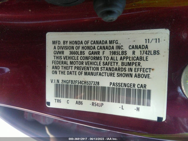 2012 HONDA CIVIC SDN LX VIN: 2HGFB2F54CH537328