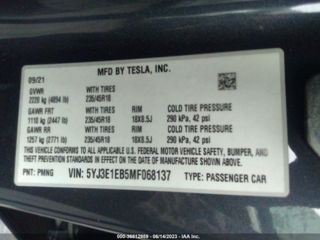 5YJ3E1EB5MF068137 Tesla Model 3 Long Range