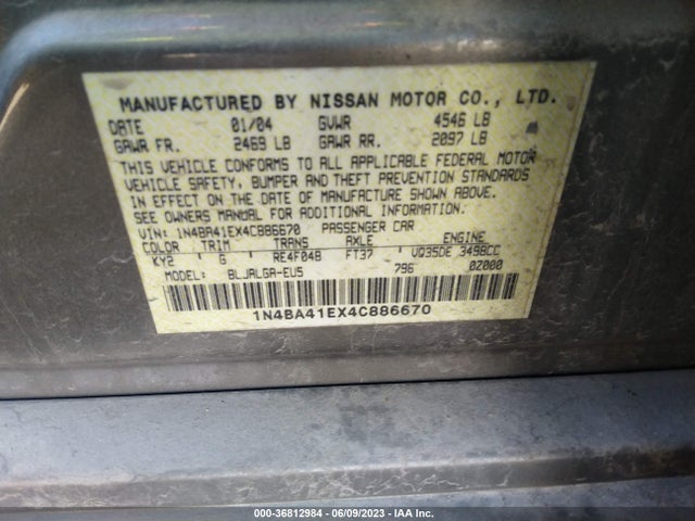 2004 NISSAN MAXIMA SL VIN: 1N4BA41EX4C886670