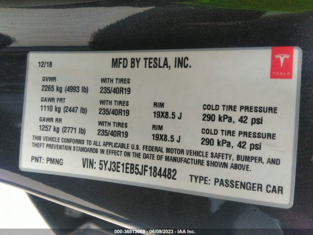 Tesla Model 3 Long Range 2018 5YJ3E1EB5JF184482 Image 9