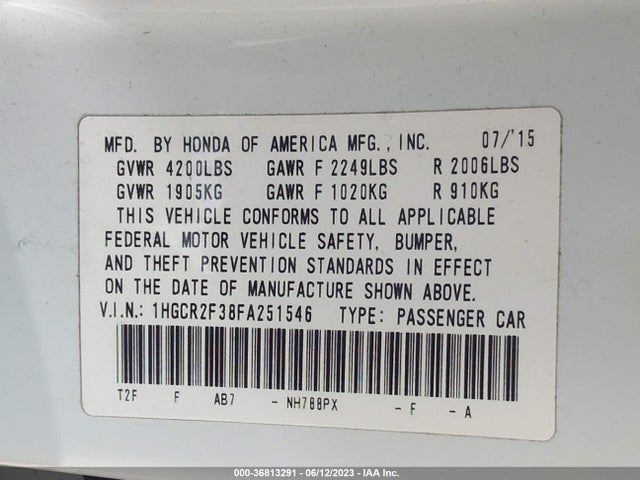 Honda Accord Sedan Lx 2015 1HGCR2F38FA251546 Image 9