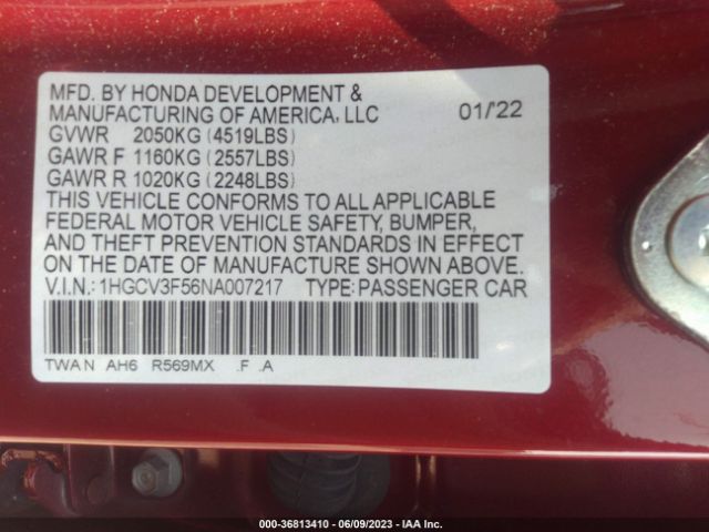 1HGCV3F56NA007217 Honda Accord Hybrid Ex-l