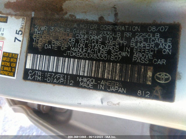 36813565 :رقم المزاد ، JTDKB20UX83301807 vin ، 2008 Toyota Prius مزاد بيع