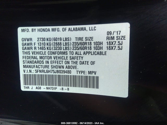2018 HONDA ODYSSEY EX-L VIN: 5FNRL6H75JB039480