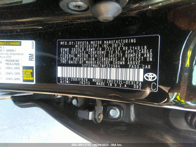 2022 TOYOTA COROLLA LE VIN: 5YFEPMAE7NP372984