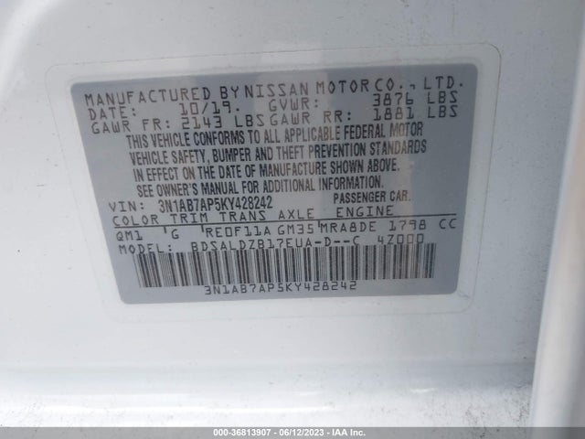 Nissan SENTRA SV 2019 3N1AB7AP5KY428242 Image 9