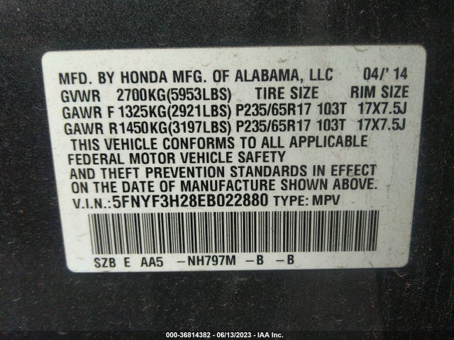 Honda PILOT LX 2014 5FNYF3H28EB022880 Image 9