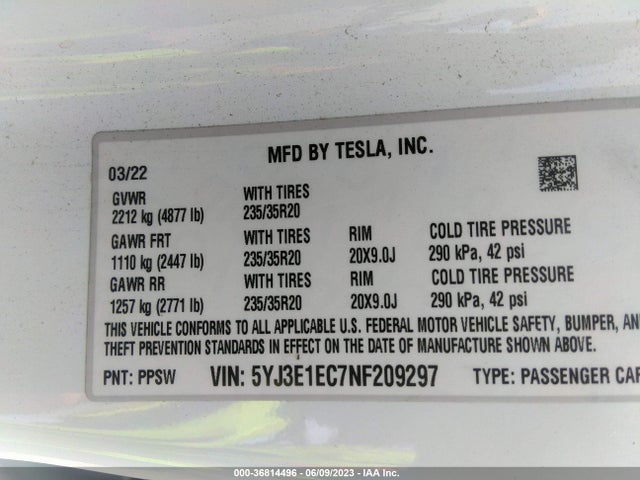 Tesla Model 3 Performance 2022 5YJ3E1EC7NF209297 Image 9