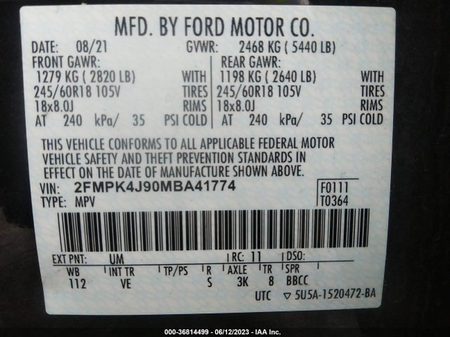 2021 FORD EDGE SEL/ST-LINE VIN: 2FMPK4J90MBA41774
