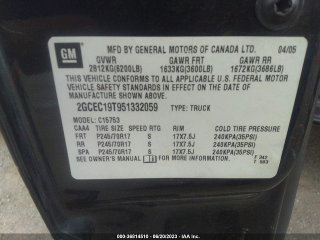2005 CHEVROLET SILVERADO 1500 LS VIN: 2GCEC19T951332059