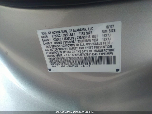 2007 HONDA ODYSSEY EXL VIN: 5FNRL387X7B114343
