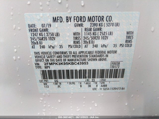 2019 FORD EDGE TITANIUM VIN: 2FMPK3K95KBC43953