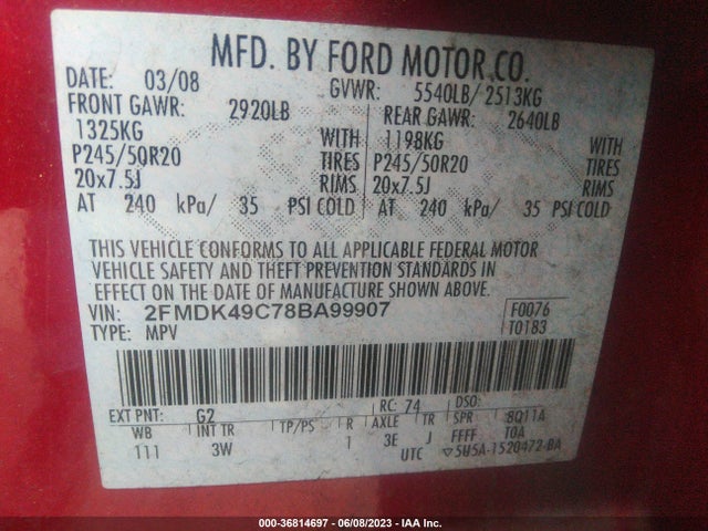 2008 FORD EDGE LIMITED VIN: 2FMDK49C78BA99907