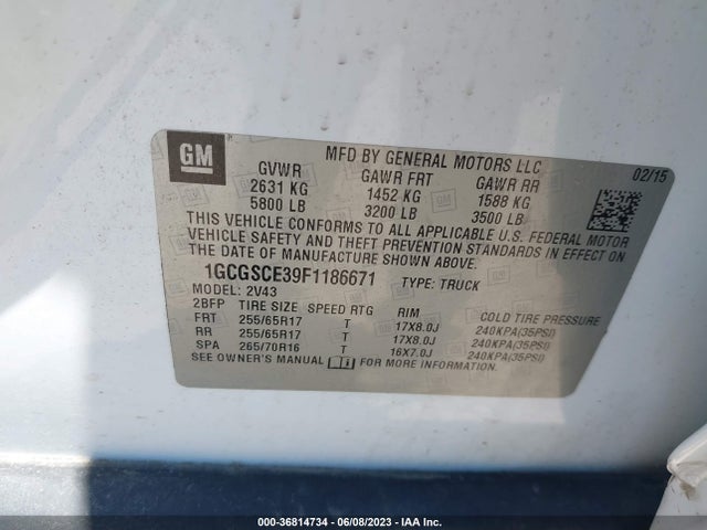2015 CHEVROLET COLORADO 2WD Z71 VIN: 1GCGSCE39F1186671