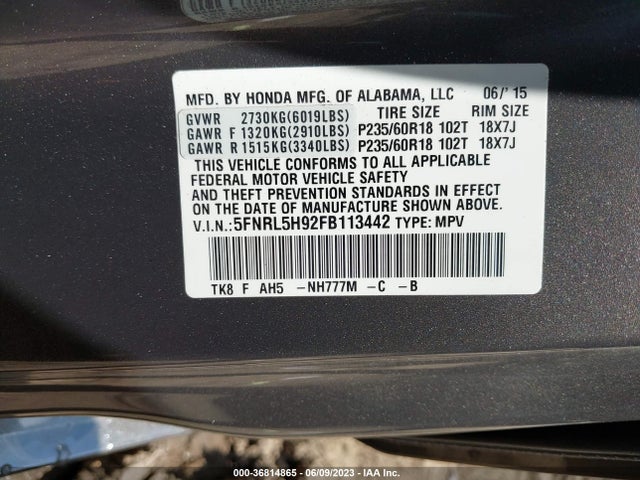 Honda Odyssey Touring 2015 5FNRL5H92FB113442 Image 9