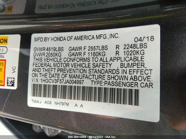 2018 HONDA ACCORD HYBRID EX-L VIN: 1HGCV3F57JA004997