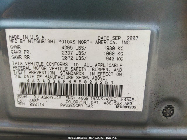 2008 MITSUBISHI GALANT ES VIN: 4A3AB36F68E022253