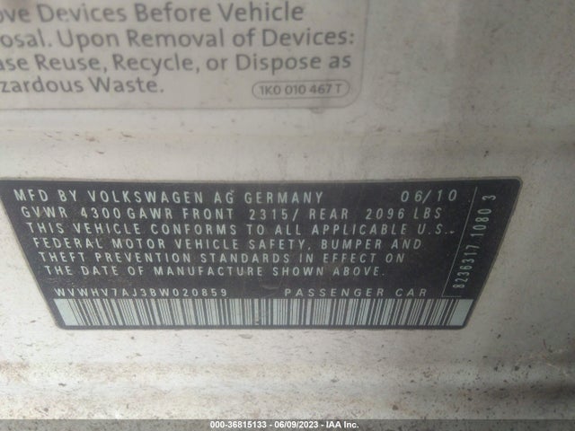 2011 Volkswagen Gti მანქანა იყიდება აუქციონზე, vin: WVWHV7AJ3BW020859, აუქციონის ნომერი: 36815133