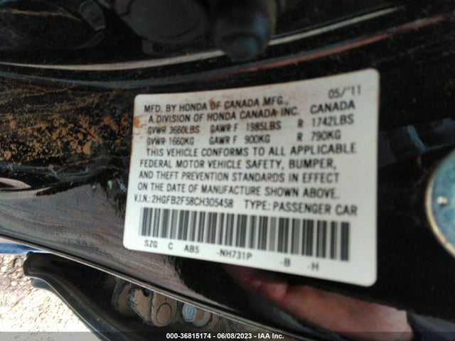 2012 HONDA CIVIC SDN LX VIN: 2HGFB2F58CH305458
