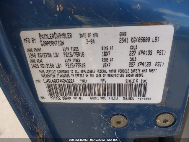 2004 JEEP LIBERTY SPORT VIN: 1J4GL48K74W243224
