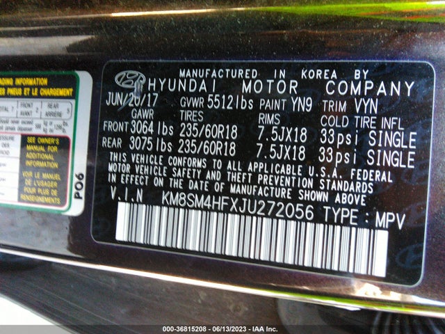 Auction sale of the 2018 Hyundai Santa Fe Se, vin: KM8SM4HFXJU272056, lot number: 36815208