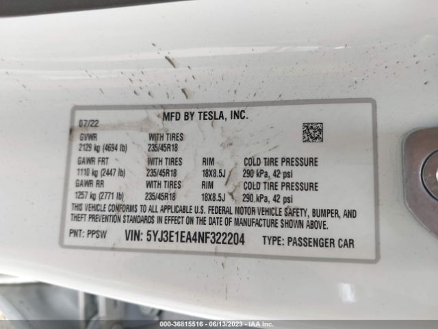 5YJ3E1EA4NF322204 Tesla MODEL 3