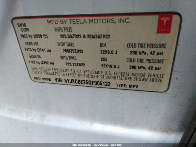 5YJXCBE25GF005122 Tesla Model X 70d/90d/75d/60d/p100d