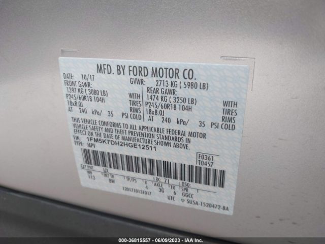 1FM5K7DH2HGE12511 Ford EXPLORER XLT