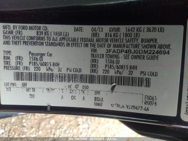 2013 FORD FIESTA SE VIN: 3FADP4BJ0DM224694