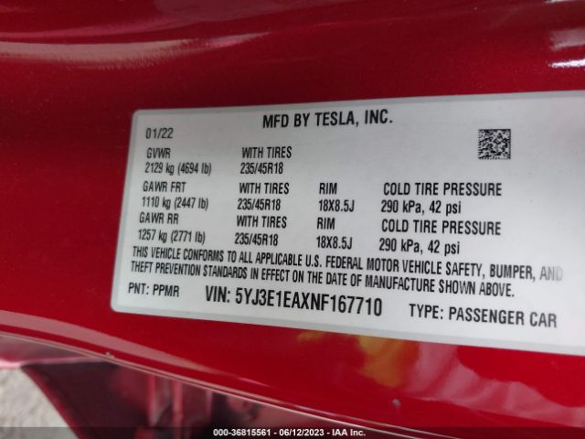 5YJ3E1EAXNF167710 Tesla MODEL 3