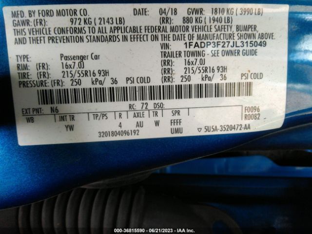 1FADP3F27JL315049 Ford FOCUS SE