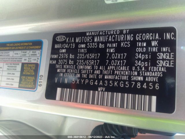 5XYPG4A35KG578456 KIA SORENTO L
