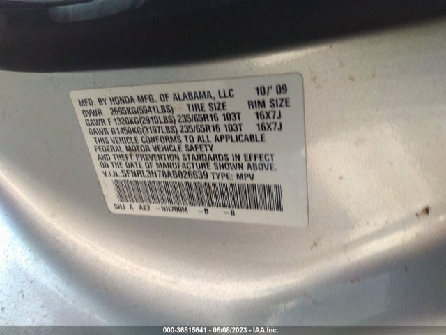 2010 HONDA ODYSSEY EX-L VIN: 5FNRL3H78AB026639
