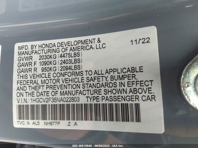 2022 HONDA ACCORD SEDAN SPORT VIN: 1HGCV2F35NA022803