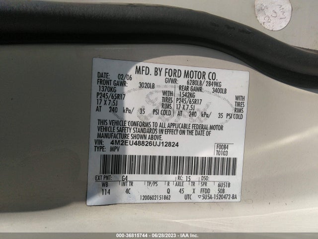 2006 MERCURY MOUNTAINEER PREMIER VIN: 4M2EU48826UJ12824
