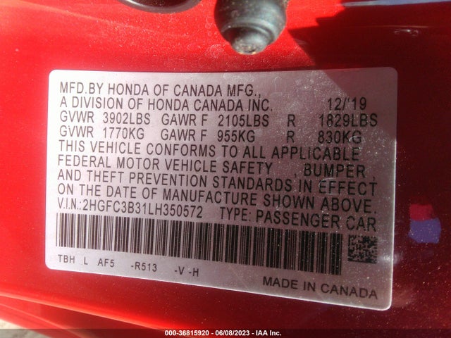 Honda Civic Coupe Ex 2020 2HGFC3B31LH350572 Image 10