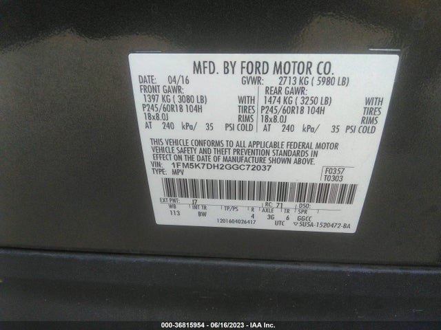 Ford EXPLORER XLT 2016 1FM5K7DH2GGC72037 Image 9