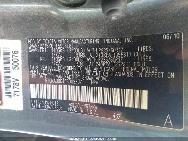 2011 TOYOTA SIENNA VIN: 5TDKA3DC4BS003737