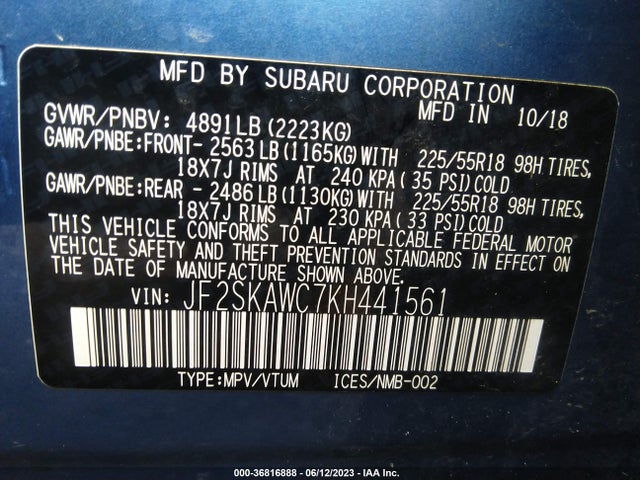 2019 SUBARU FORESTER TOURING VIN: JF2SKAWC7KH441561