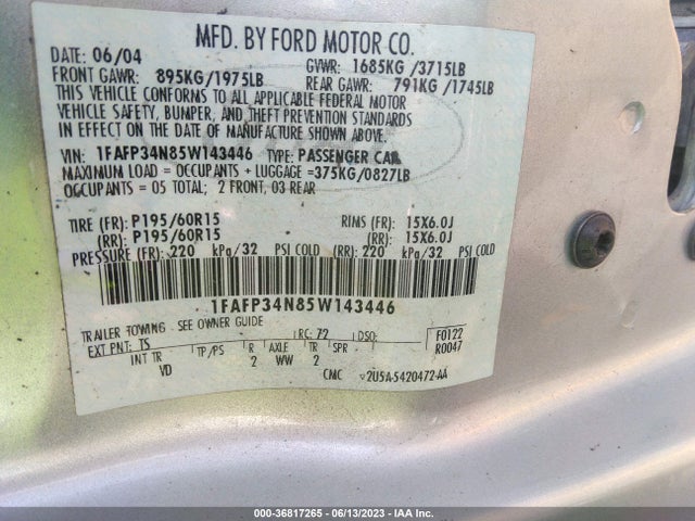 2005 FORD FOCUS S/SE/SES VIN: 1FAFP34N85W143446