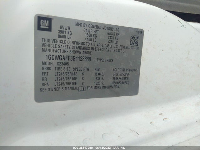 2016 CHEVROLET EXPRESS CARGO VAN VIN: 1GCWGAFF3G1128888
