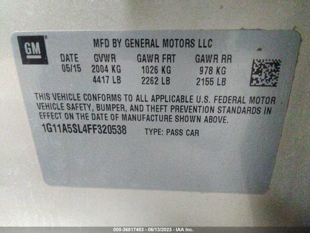 2015 CHEVROLET MALIBU LS VIN: 1G11A5SL4FF320538