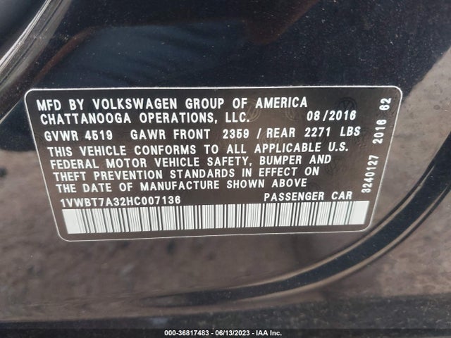 1VWBT7A32HC007136 Volkswagen Passat 1.8t Se