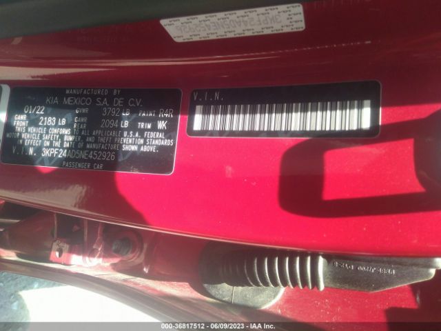 3KPF24AD5NE452926 KIA Forte Lxs