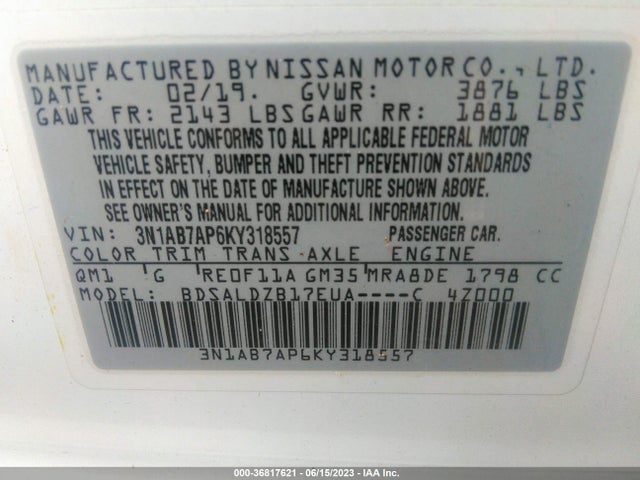 2019 NISSAN SENTRA SV VIN: 3N1AB7AP6KY318557